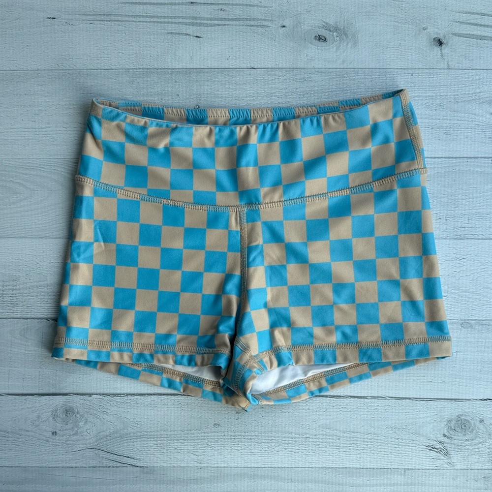 RARE The Barbell Cartel Comp Short 2.5” Blue and Beige Checker Print S